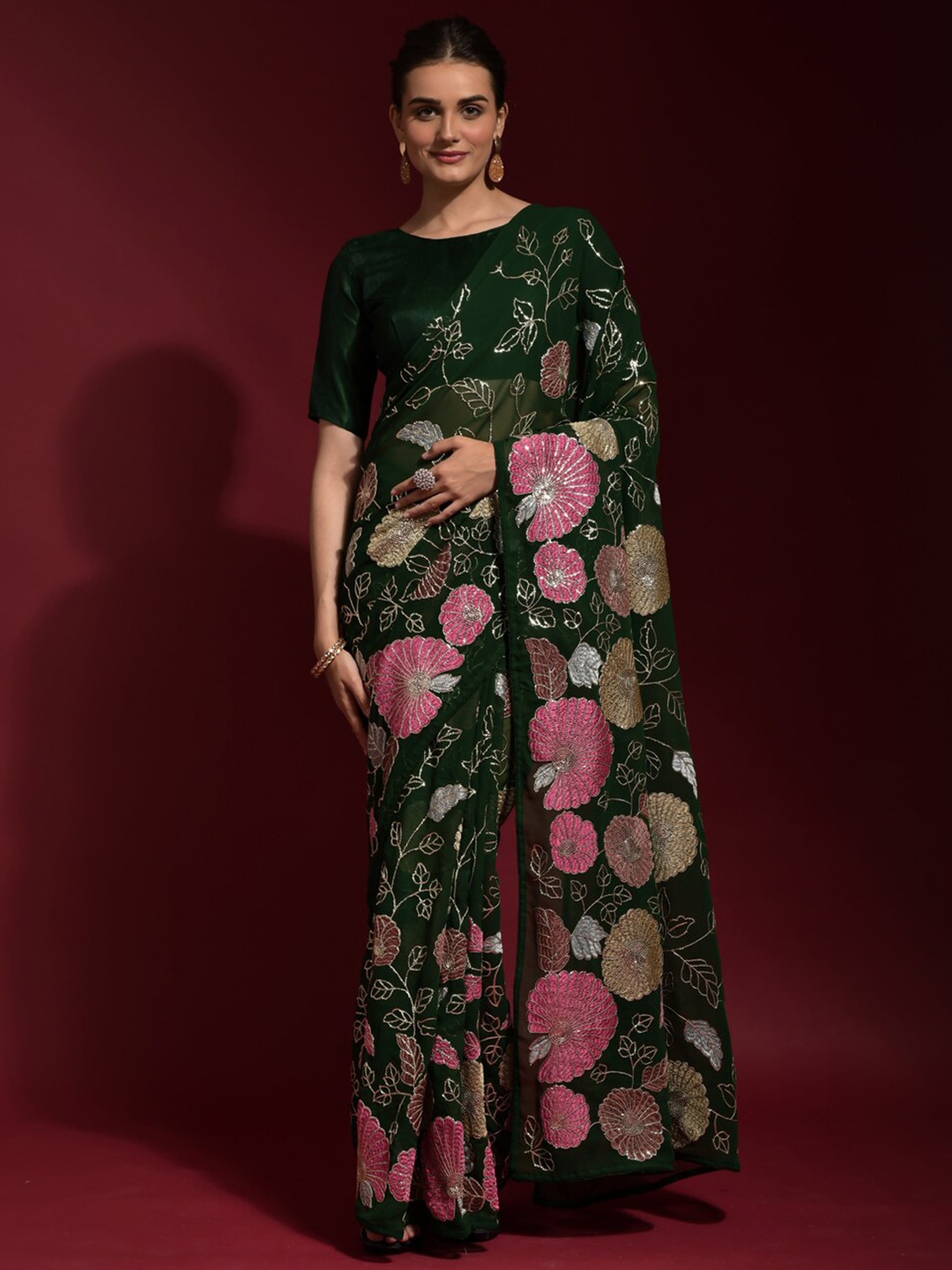 

BESUCHER Green & Pink Floral Sequinned Pure Georgette Saree