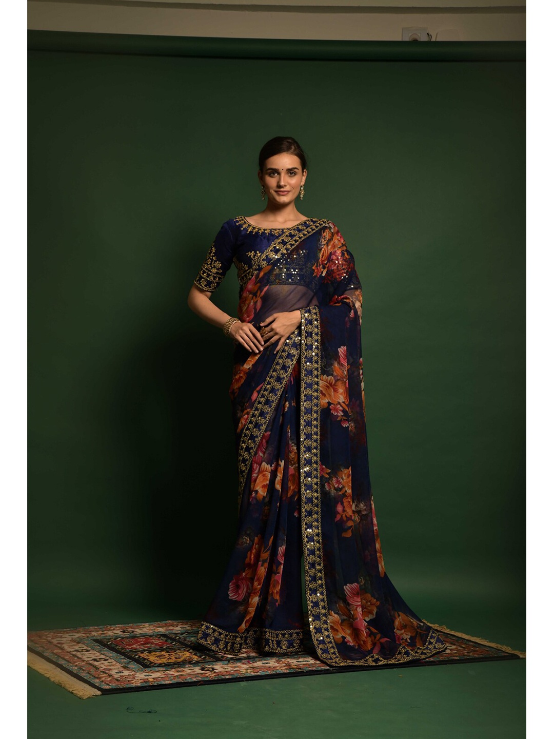 

BESUCHER Blue & Red Floral Pure Georgette Saree