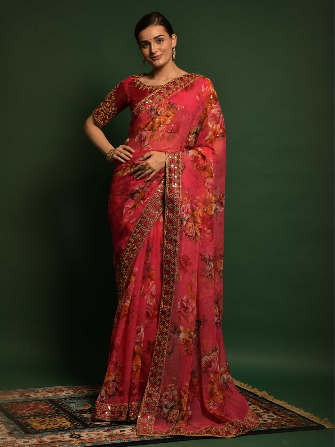 

BESUCHER Pink & White Floral Pure Georgette Saree