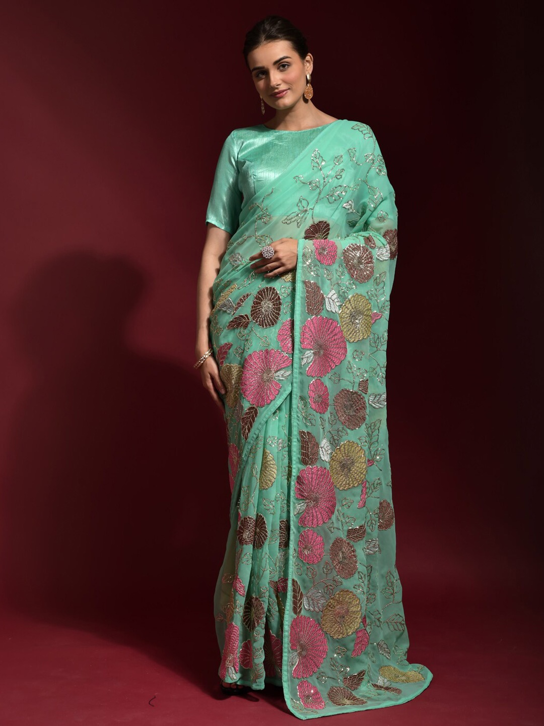 

BESUCHER Blue & Pink Floral Sequinned Pure Georgette Saree