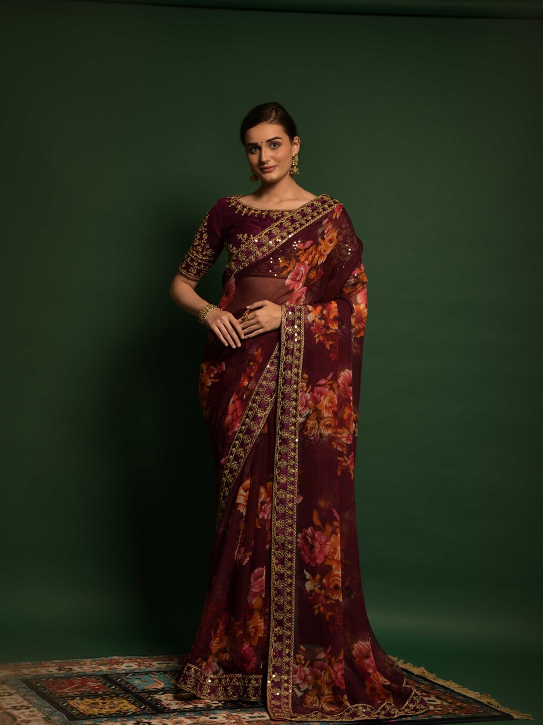 

BESUCHER Violet & Pink Floral Pure Georgette Saree