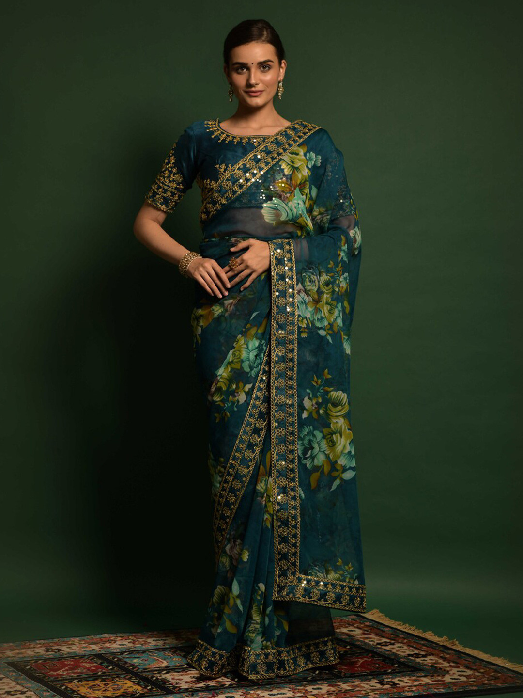 

BESUCHER Teal & Green Floral Pure Georgette Saree