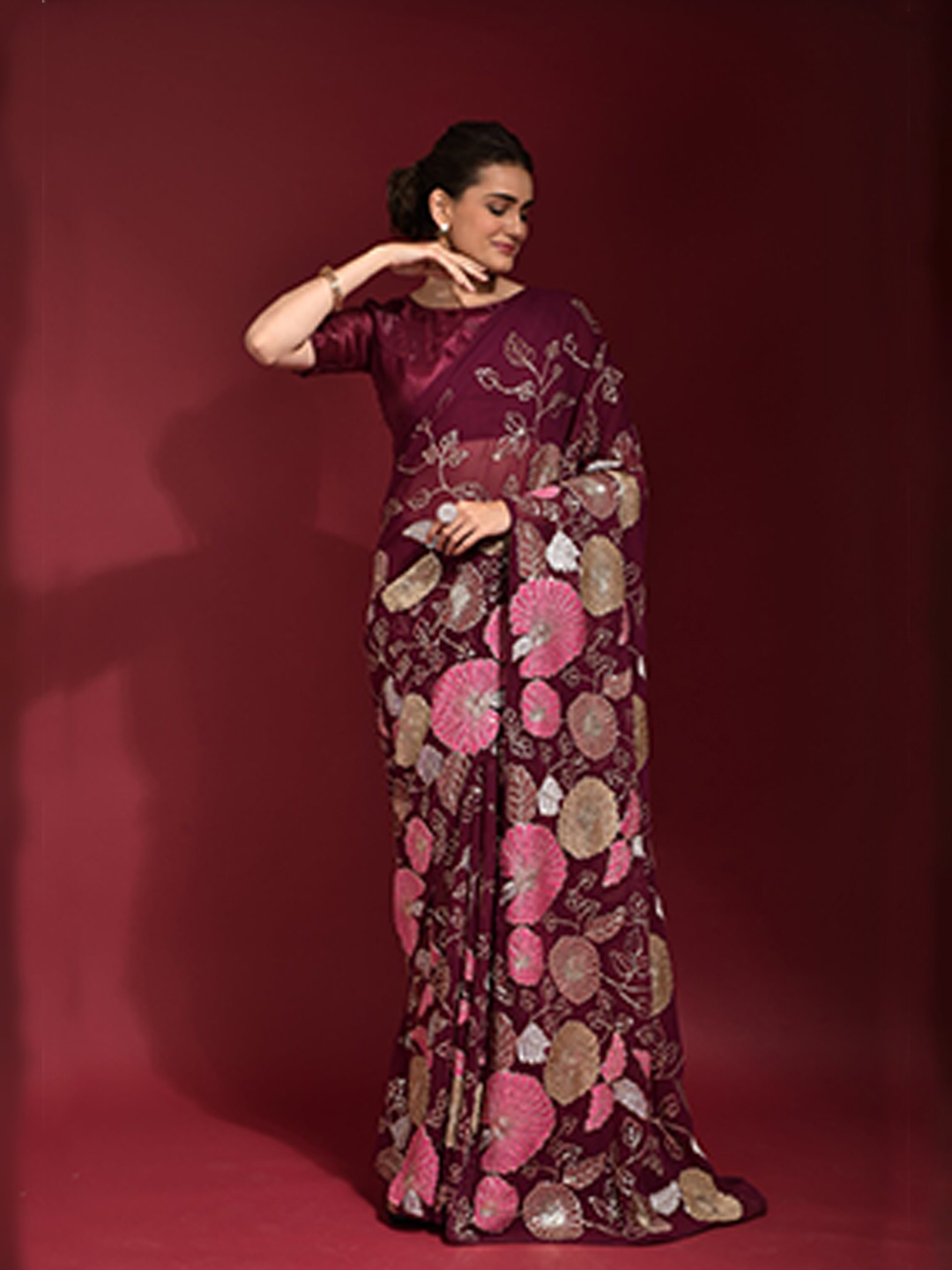 

BESUCHER Violet & Pink Floral Sequinned Pure Georgette Saree