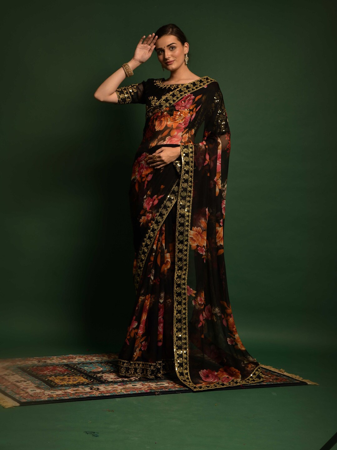

BESUCHER Black & Pink Floral Pure Georgette Saree