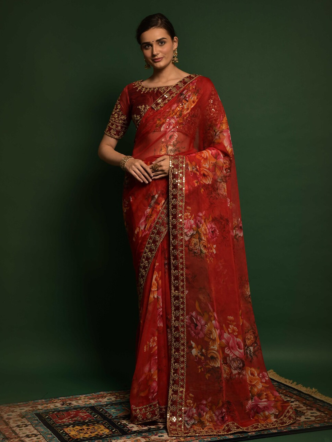 

BESUCHER Red & Pink Floral Pure Georgette Saree