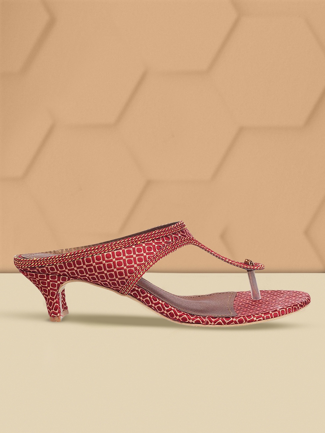 

Mochi Maroon & Gold-Toned Ethnic Block Sandals