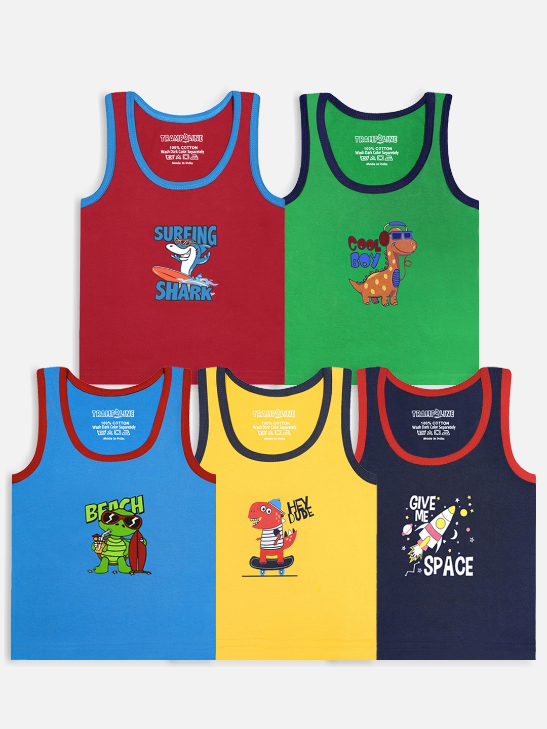 

Trampoline Kids Pack Of 5 Printed Pure Cotton Innerwear Basic Vests, Red