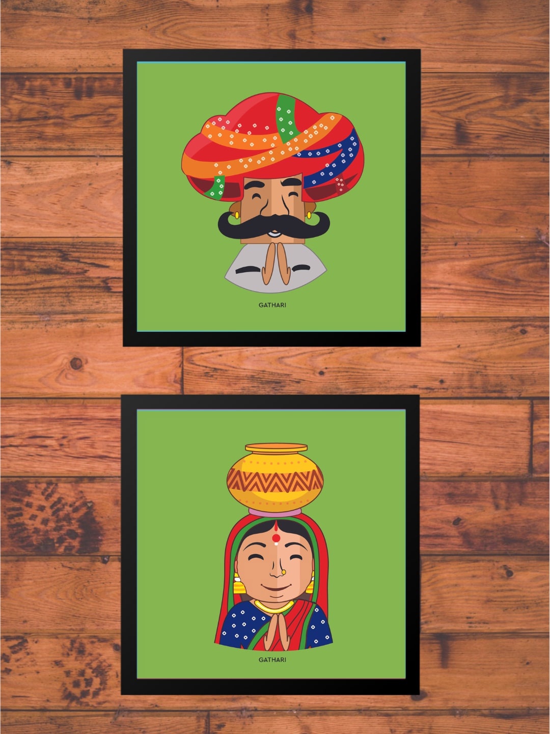 Gathari Green Pack of 2 Poster of Desi Couple Wall Arts
