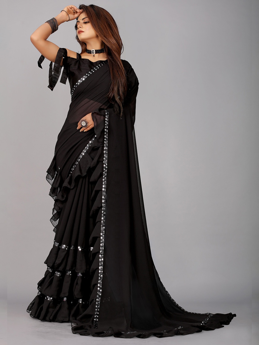 

B4ME COM Black Ruffel Boarder Pure Georgette Saree