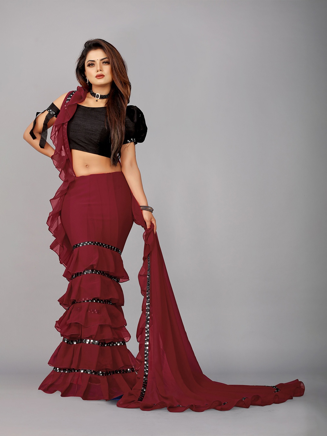 

B4ME COM Maroon Pure Georgette Ruffel Boarder Saree