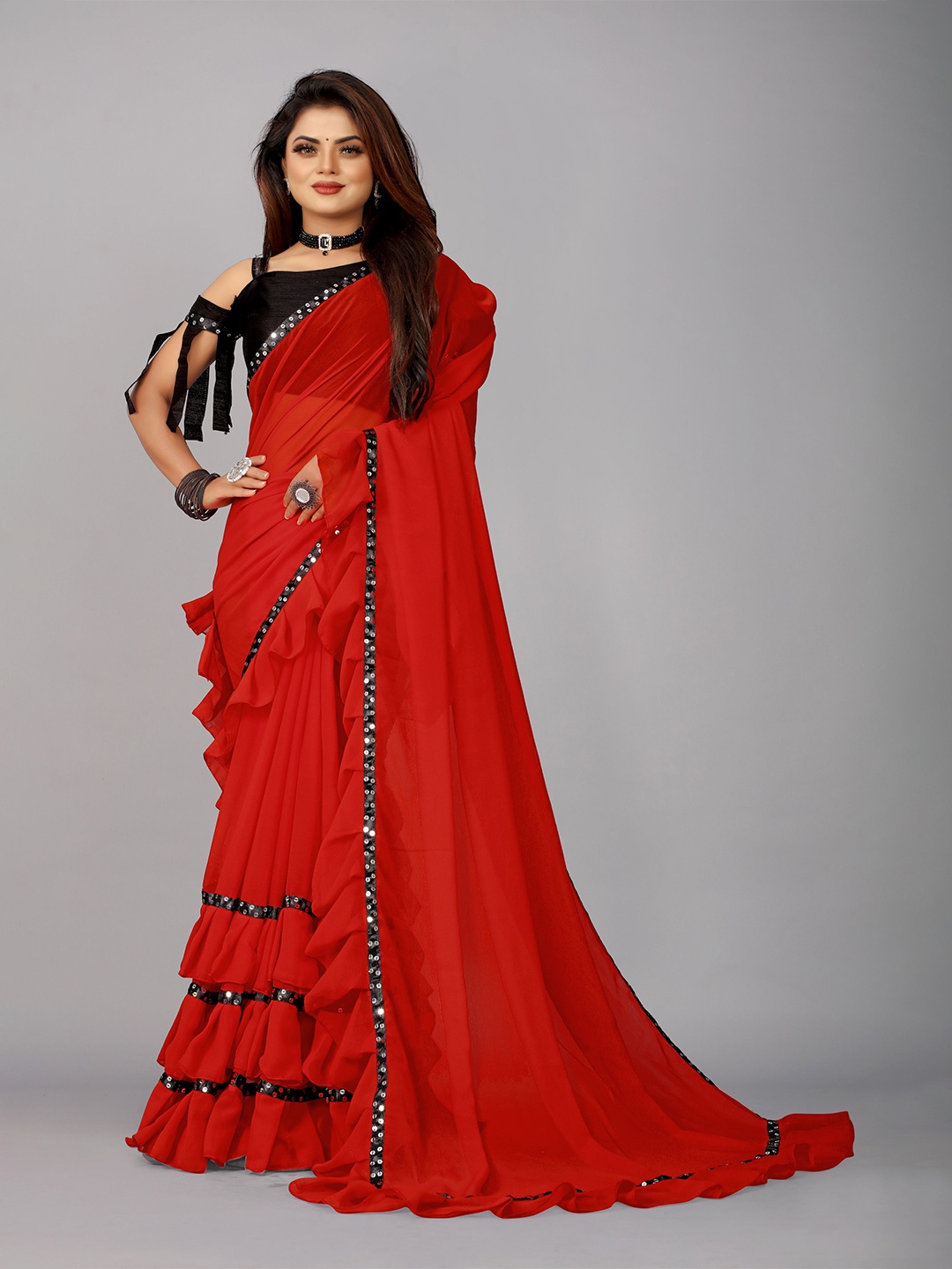 

B4ME COM Red & Black Sequinned Pure Georgette Ruffel Boarder Saree