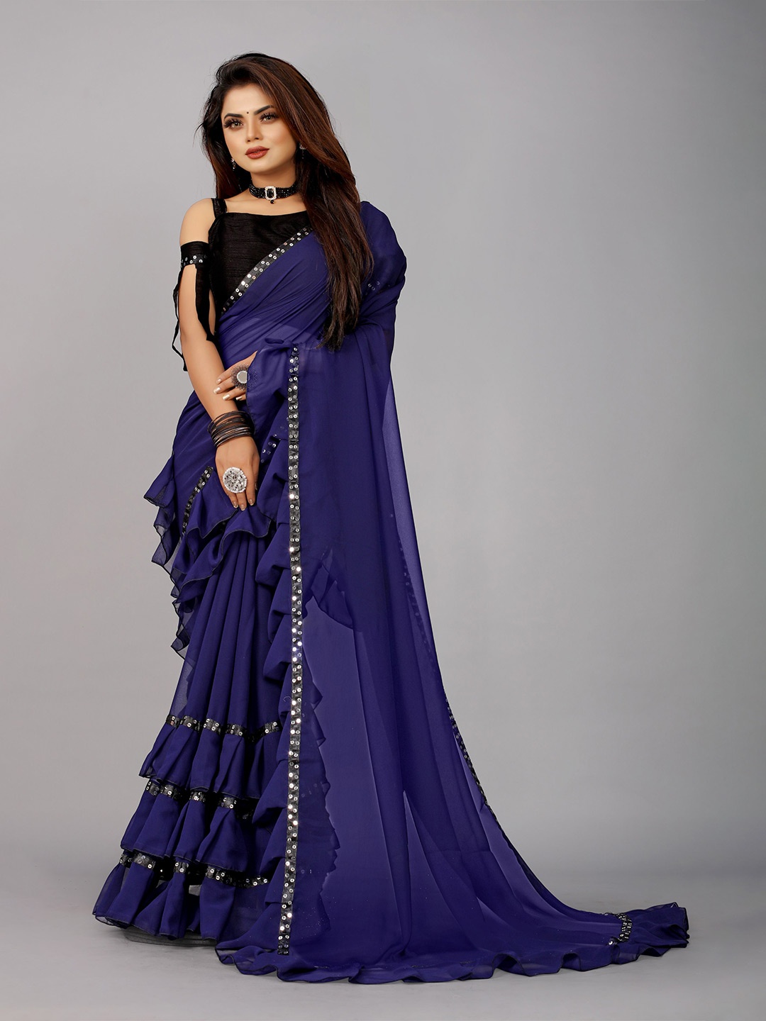 

B4ME COM Blue Embellished Sequinned Pure Georgette Ruffel Boarder Saree