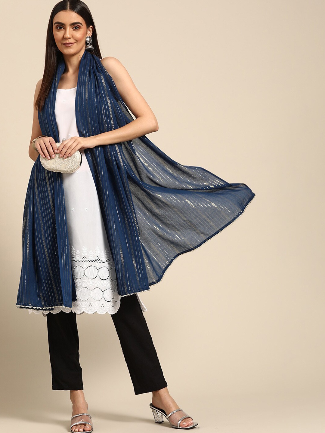 

anayna Women Blue & White Striped Pure Cotton Dupatta