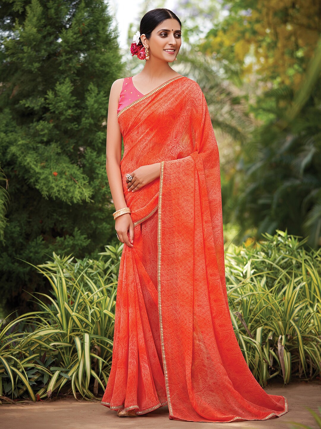 

Mitera Orange & Gold-Toned Printed Ethnic Motifs Pure Georgette Saree