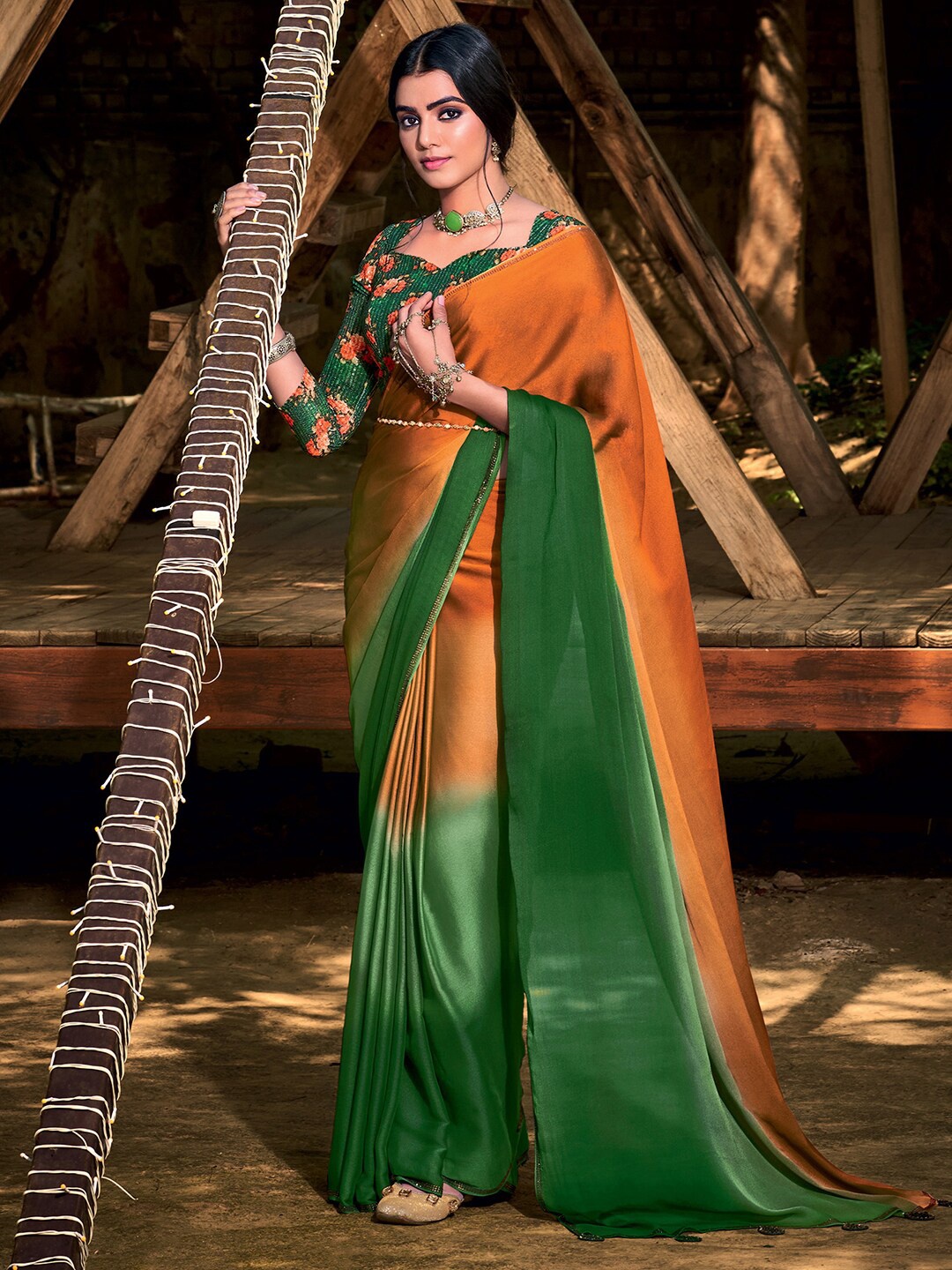 

Mitera Orange & Green Mangalagiri Saree