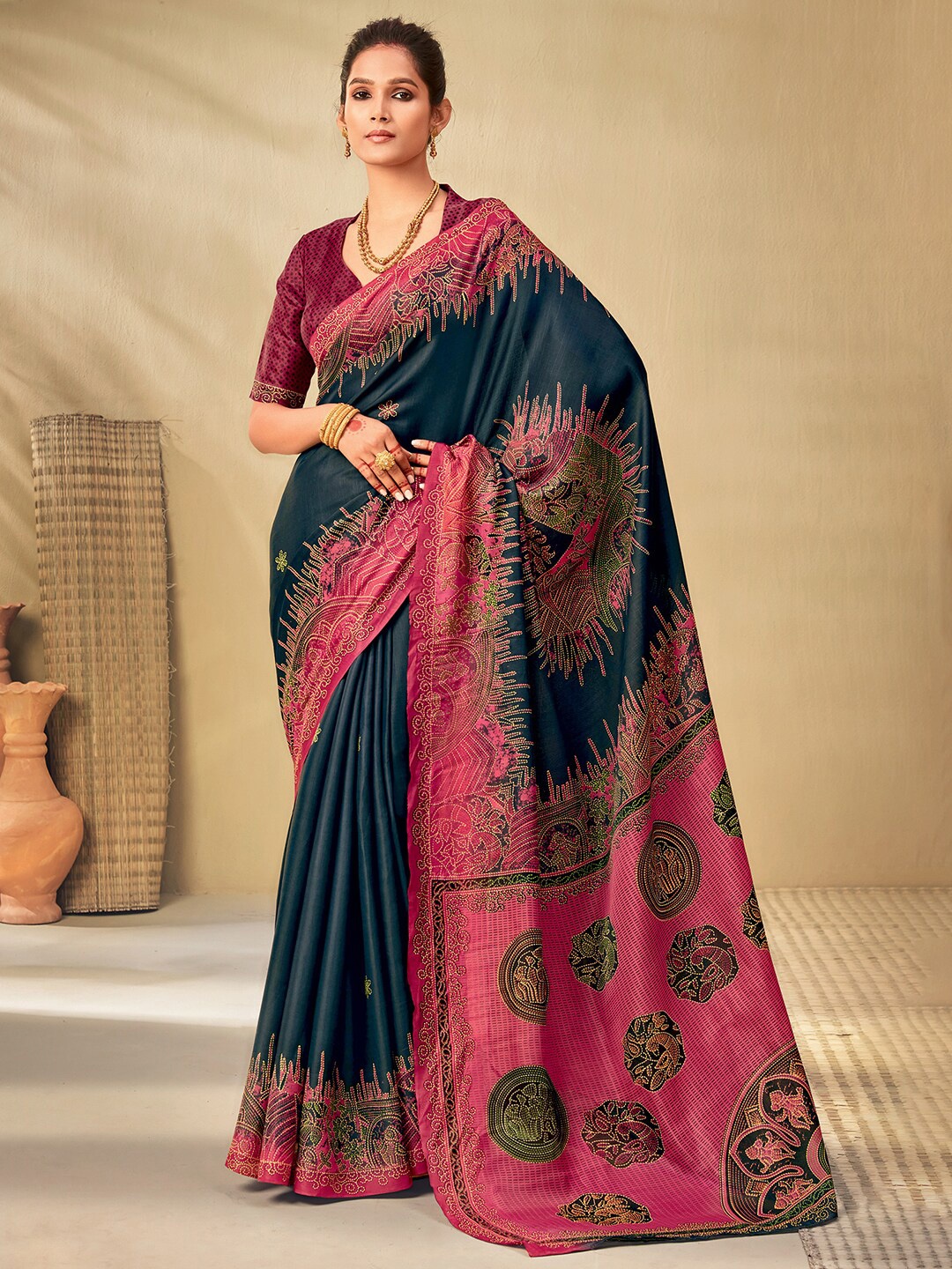 

Mitera Teal & Pink Ethnic Motifs Muga Saree