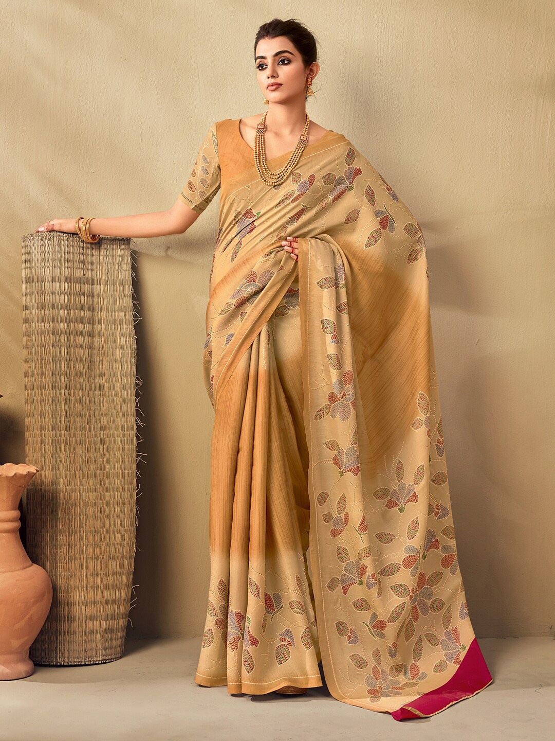 

Mitera Beige Floral Muga Saree