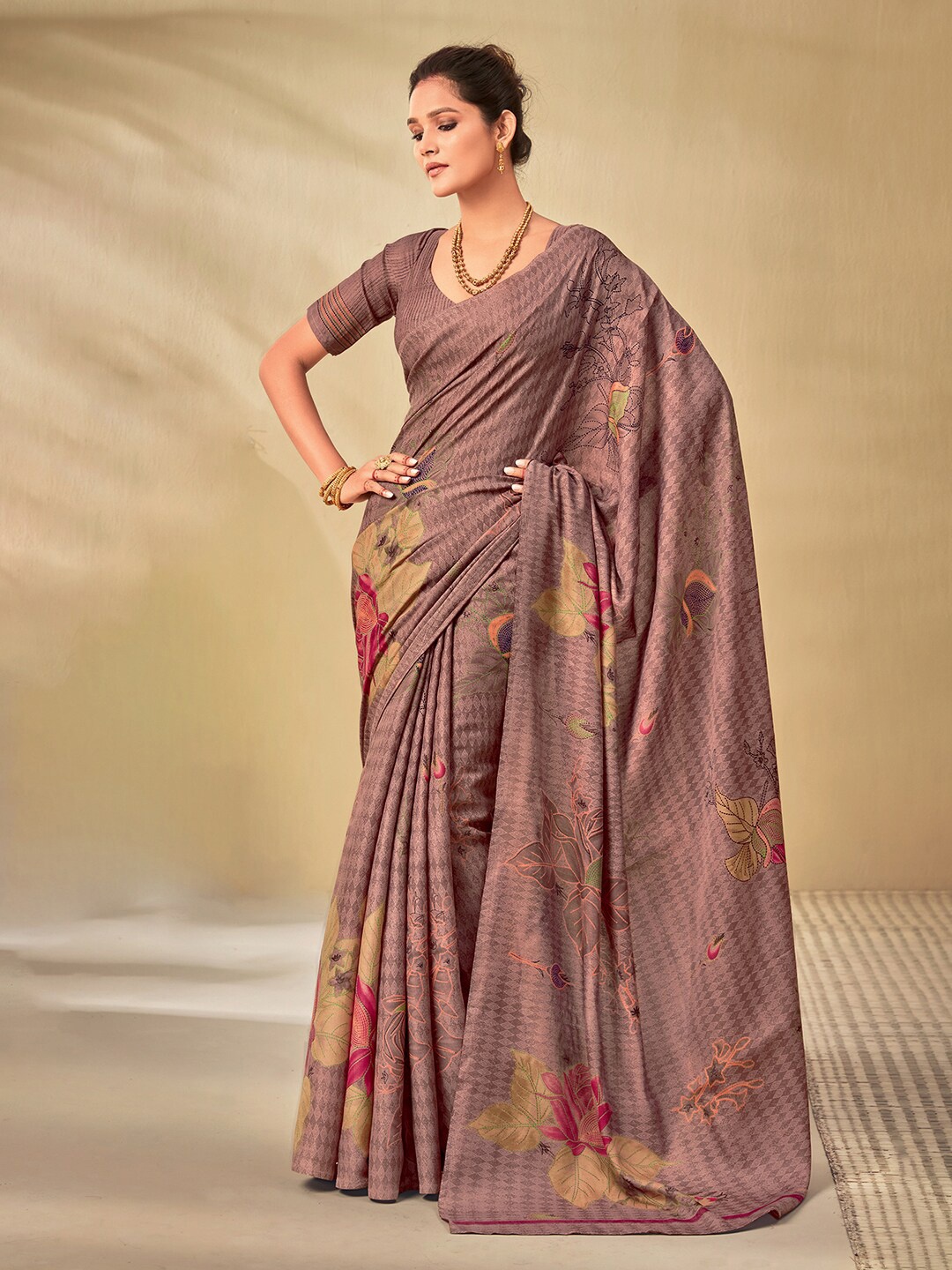 

Mitera Mauve & Pink Floral Muga Saree