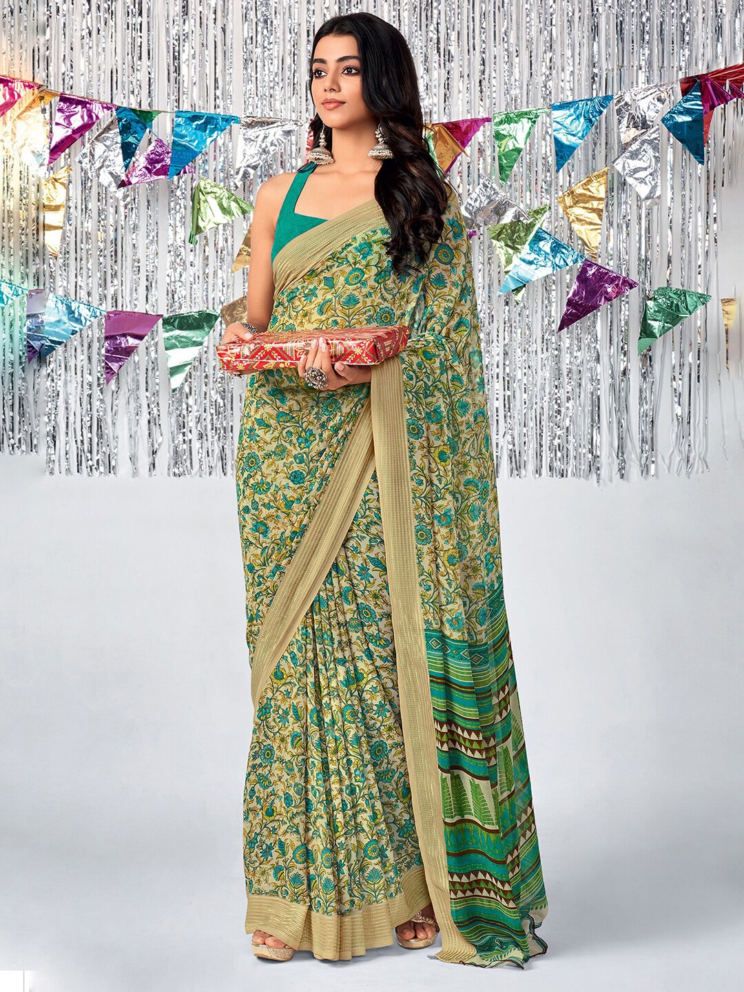 

Mitera Cream-Coloured & Green Floral Pure Georgette Saree