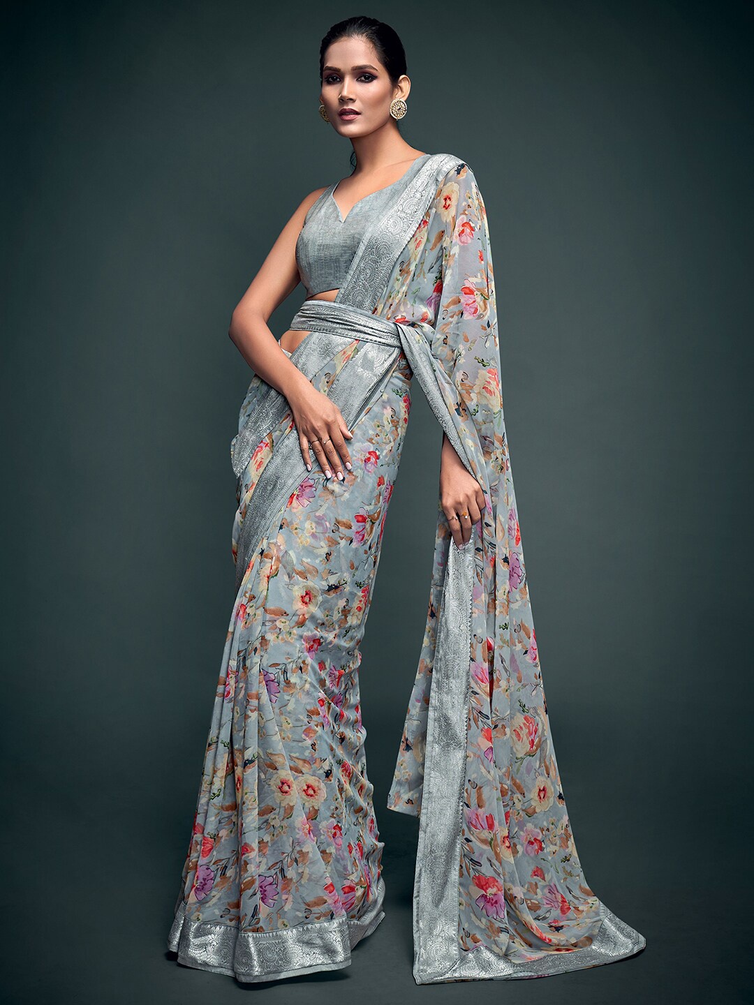 

Mitera Grey & Pink Floral Zari Pure Georgette Saree