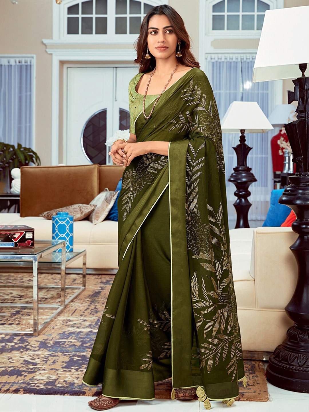 

Mitera Olive Green & Gold-Toned Floral Silk Blend Saree