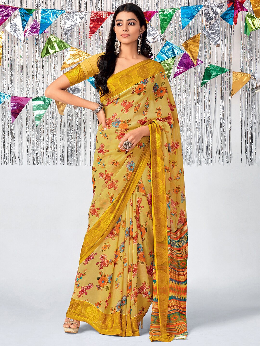 

Mitera Yellow & Blue Floral Zari Pure Georgette Banarasi Sarees