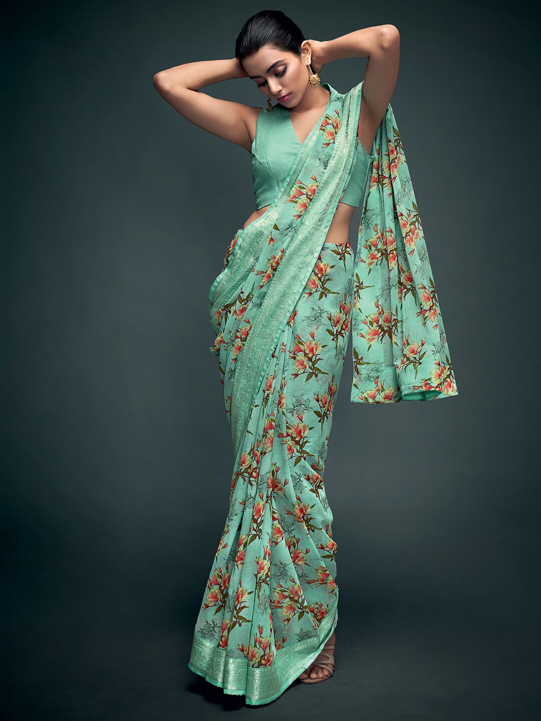 

Mitera Sea Green & Peach-Coloured Floral Zari Pure Georgette Banarasi Sarees