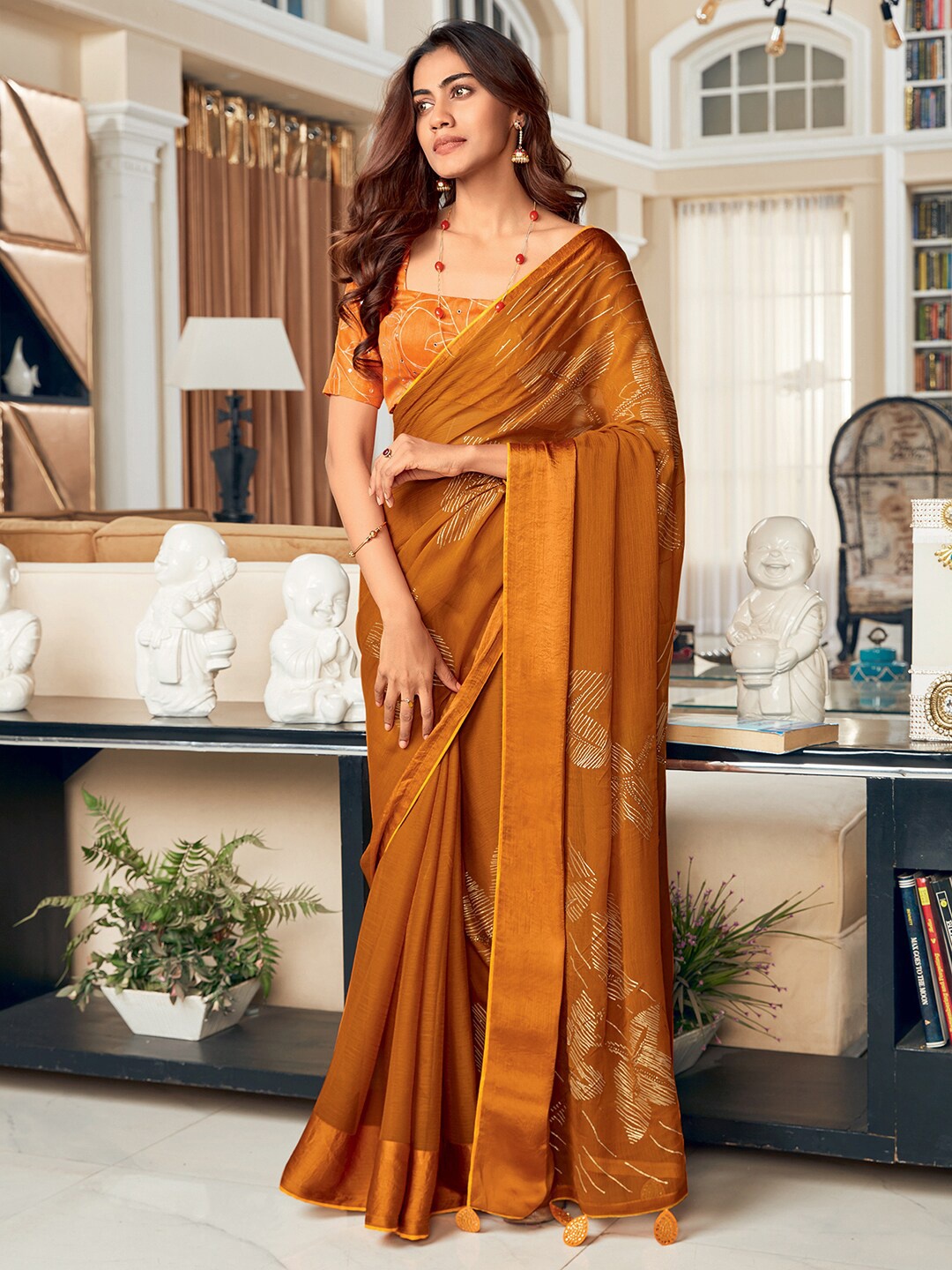 

Saree mall Mustard & Gold-Toned Floral Printed Silk Blend Sarees