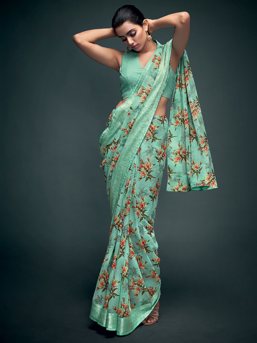 

Saree mall Sea Green & Peach-Coloured Floral Printed Pure Georgette Banarasi Saree