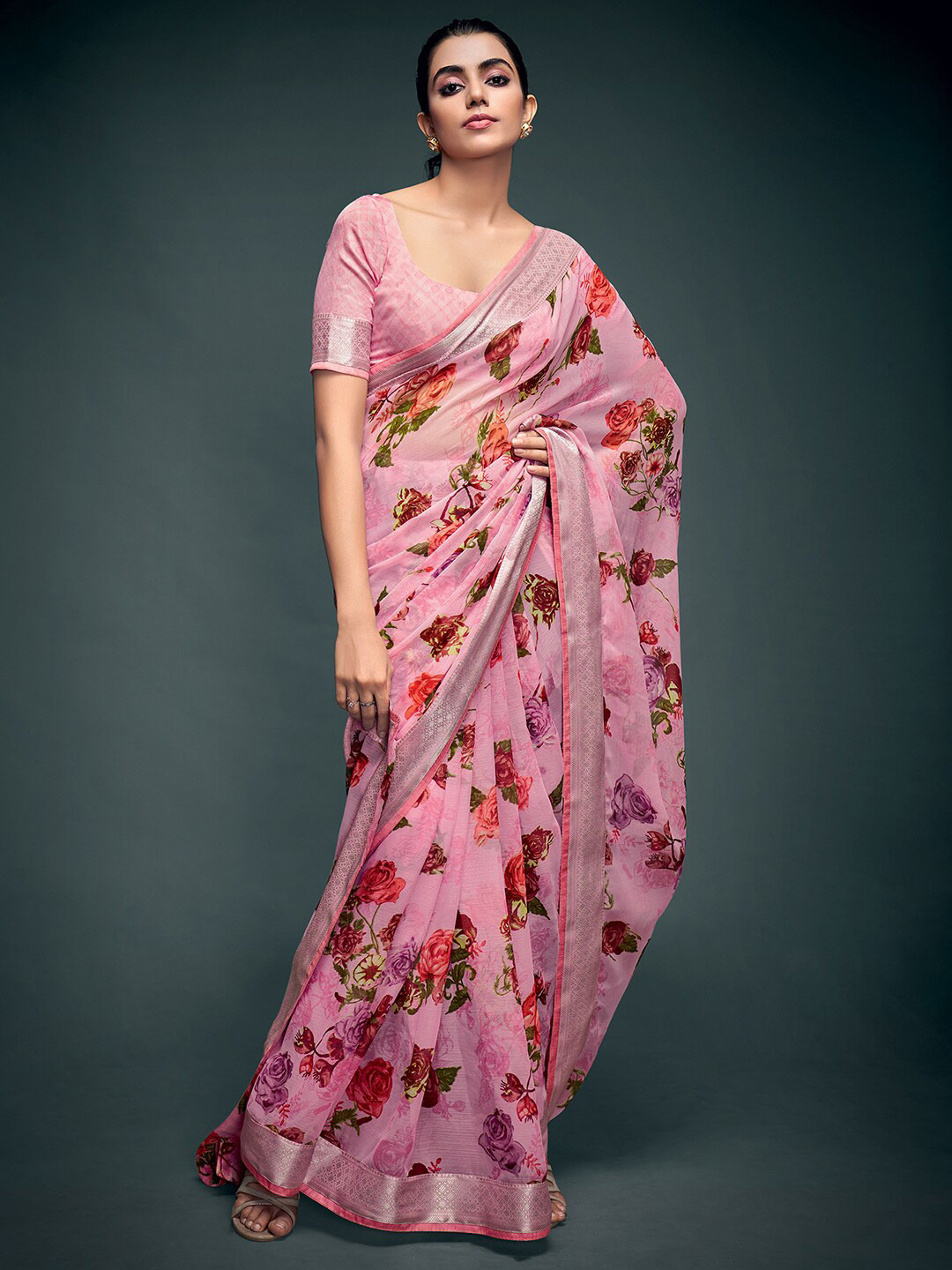 

Saree mall Pink & Silver-Toned Floral Printed Pure Georgette Banarasi Saree