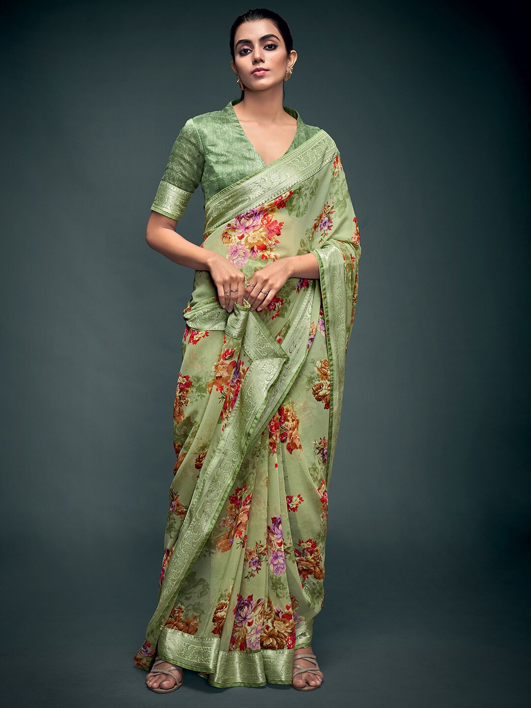 

Saree mall Olive Green & Red Floral Pure Georgette Banarasi Saree