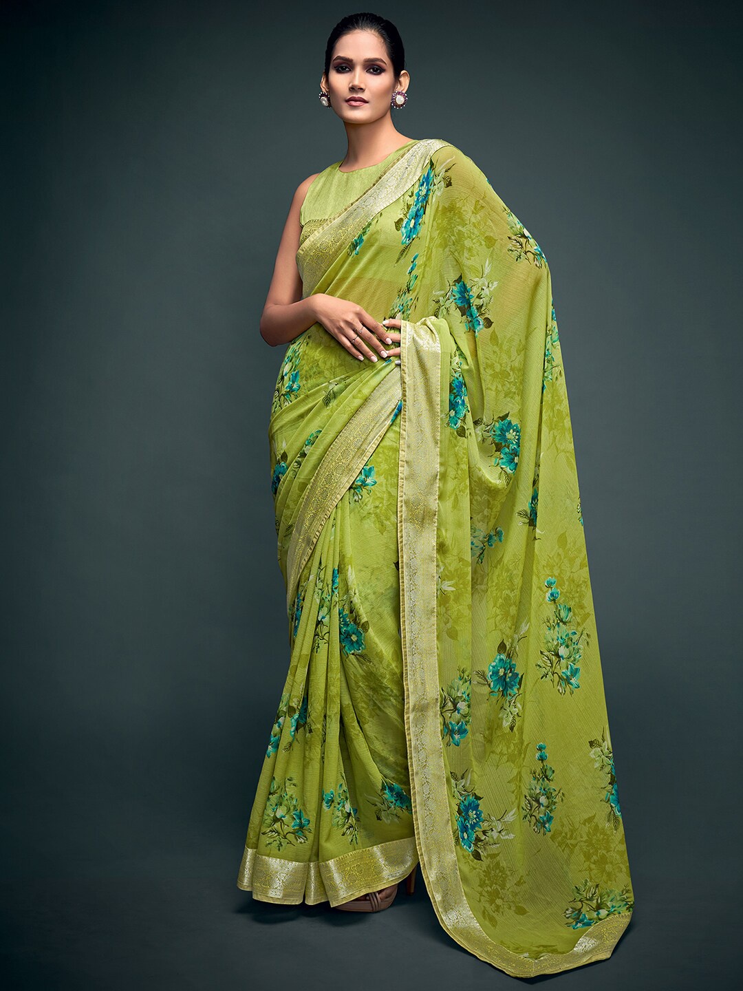 

Saree mall Lime Green & Blue Floral Printed Pure Georgette Banarasi Saree