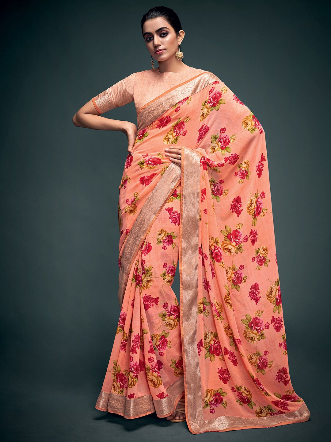 

Saree mall Peach-Coloured & Green Floral Pure Georgette Banarasi Saree