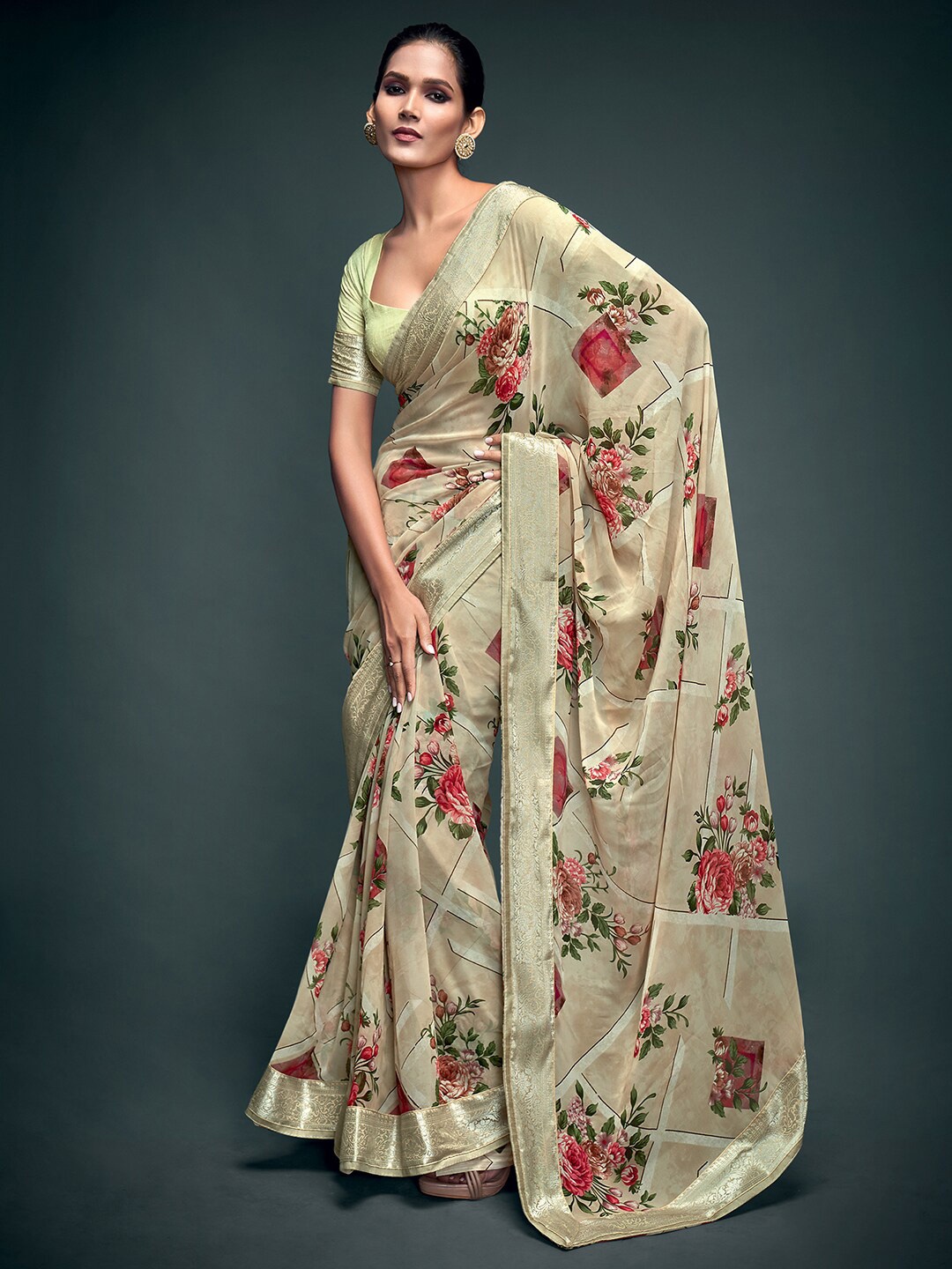 

Saree mall Cream-Coloured Silver-Toned Floral Poly Georgette Banarasi Saree