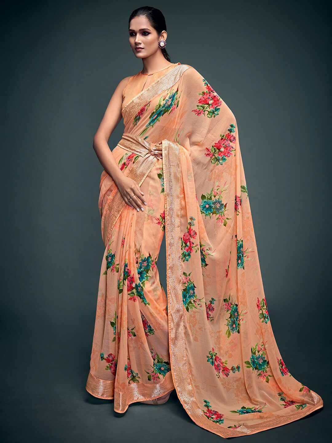 

Saree mall Peach-Coloured & Silver-Toned Printed Pure Georgette Saree