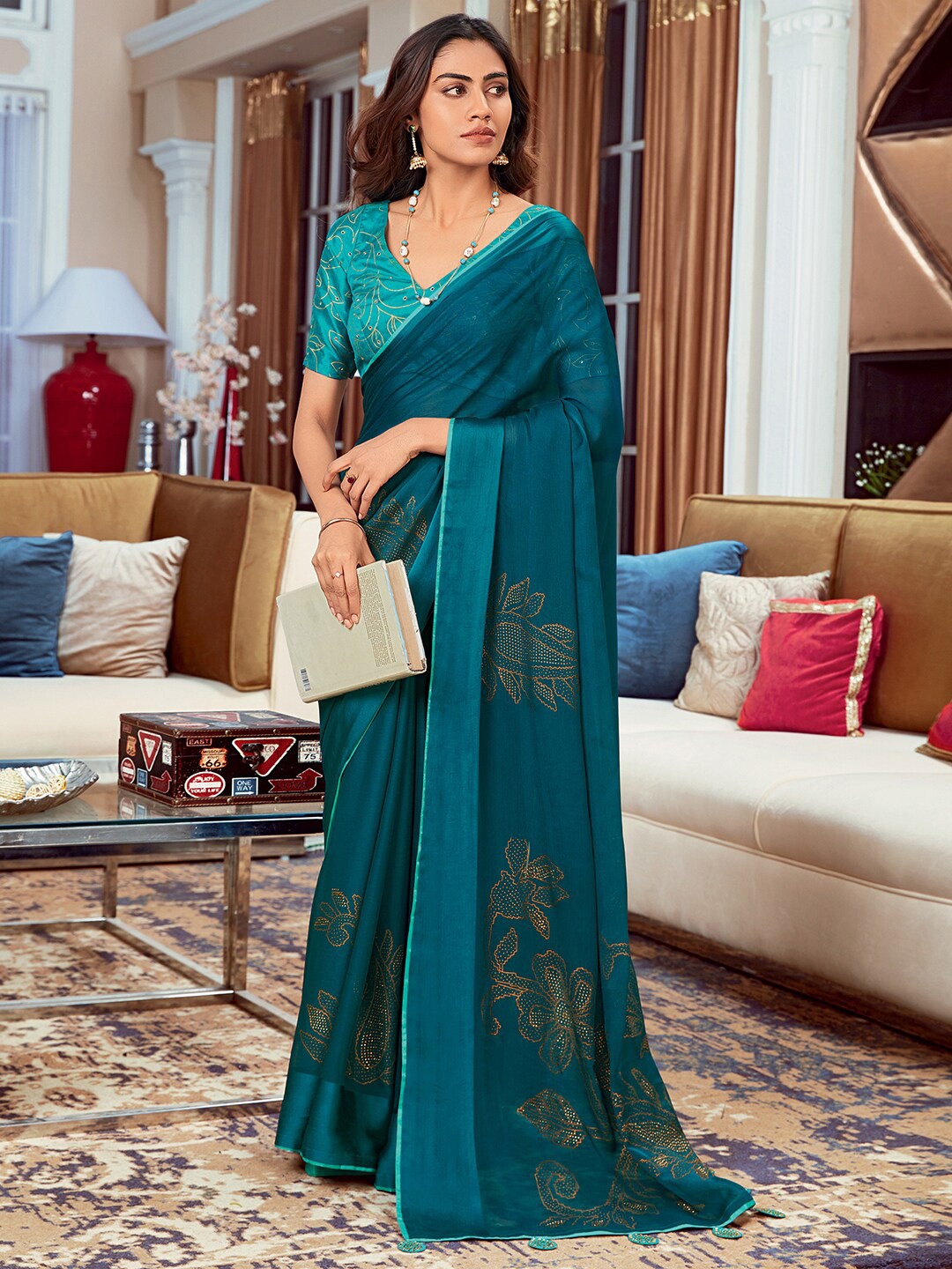 

Saree mall Teal & Gold-Toned Floral Printed Silk Blend Sarees