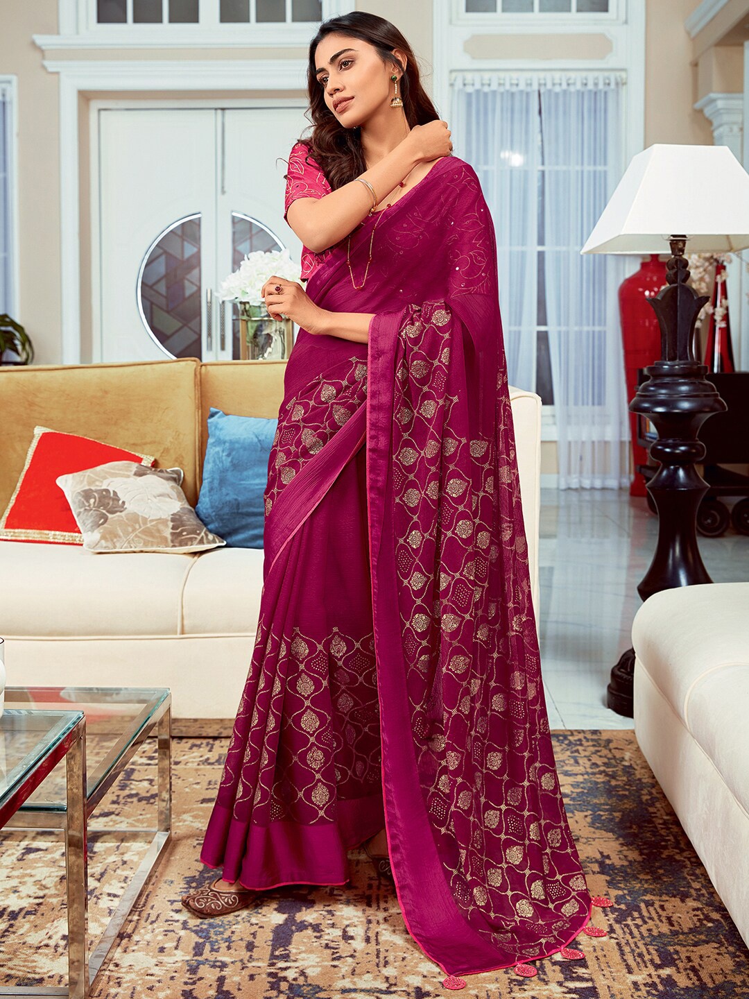 

Saree mall Pink & Gold-Toned Ethnic Printed Silk Blend Sarees