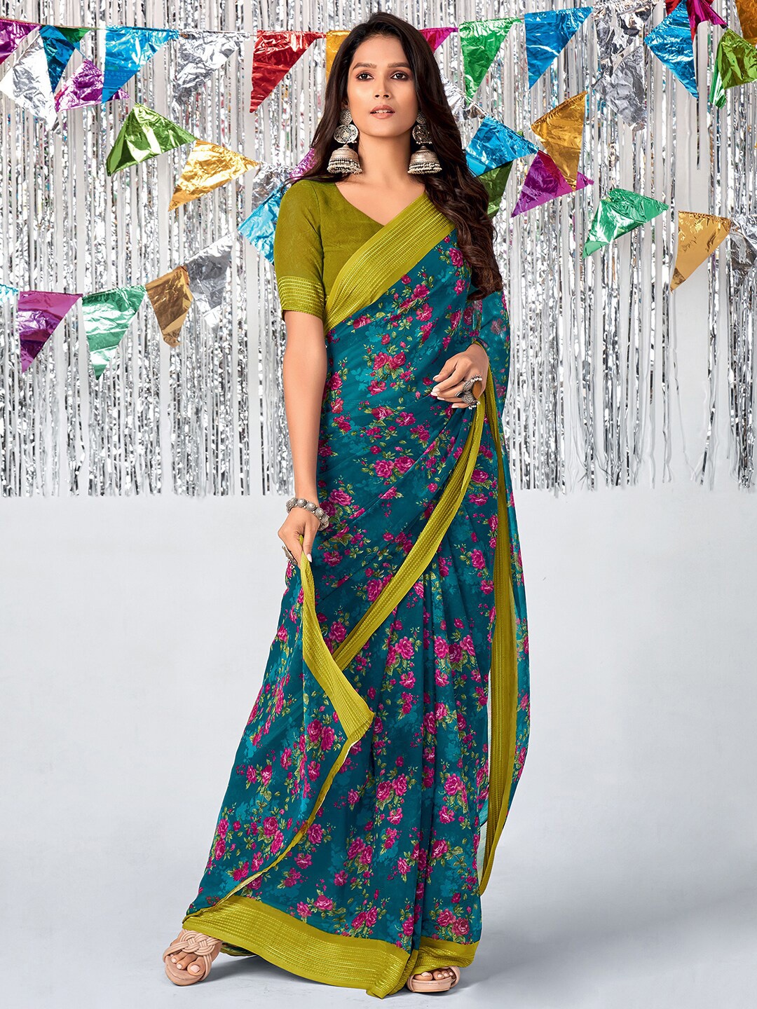 

Saree mall Teal & Pink Floral Printed Pure Georgette Banarasi Saree