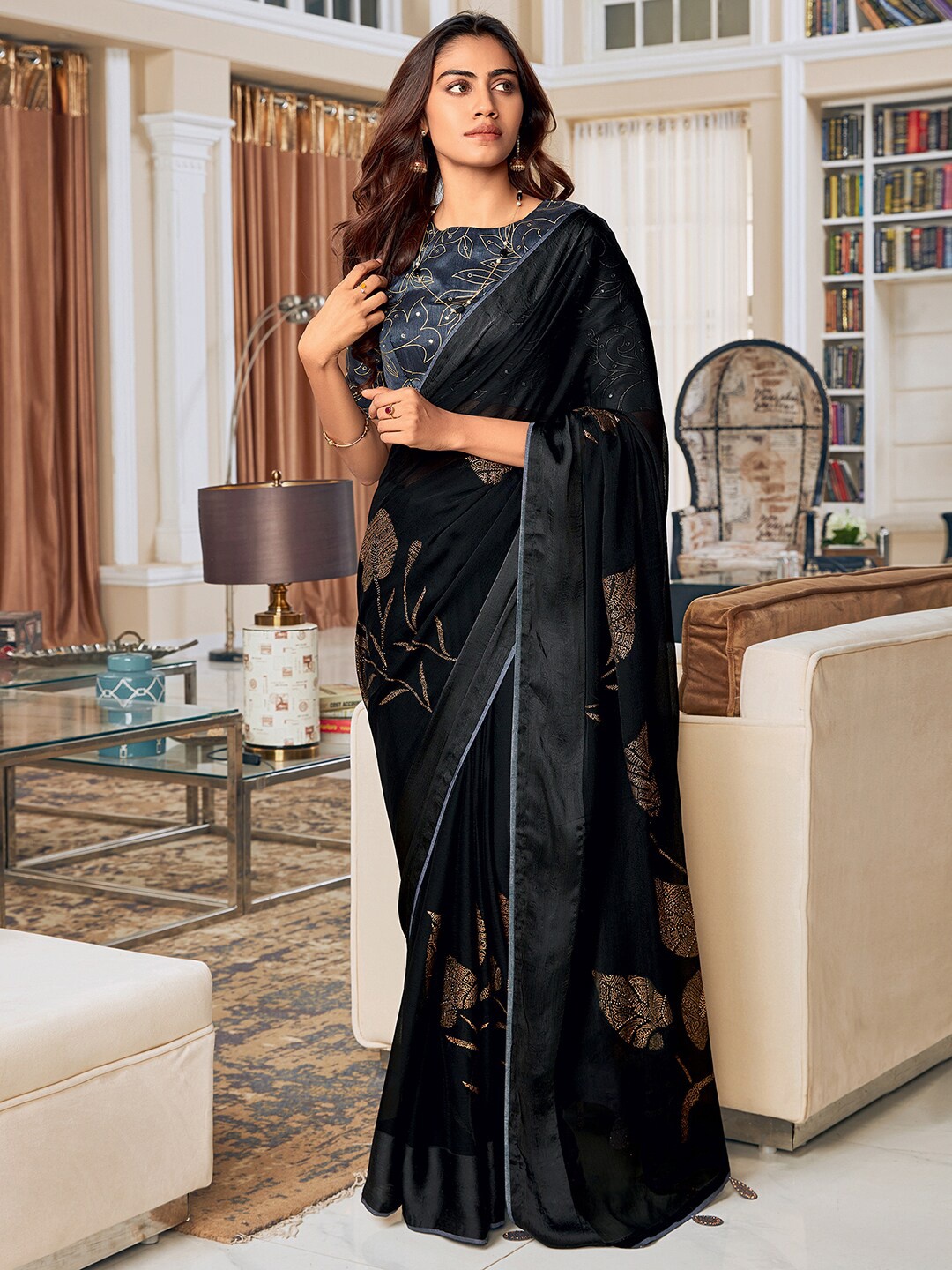 

Saree mall Black & Gold-Toned Floral Printed Silk Blend Sarees