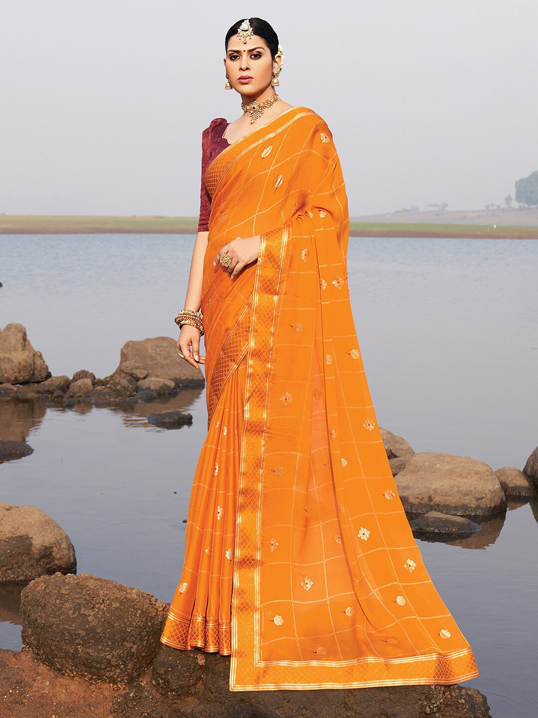 

Saree mall Mustard & Gold-Toned Ethnic Motifs Mangalagiri Sarees
