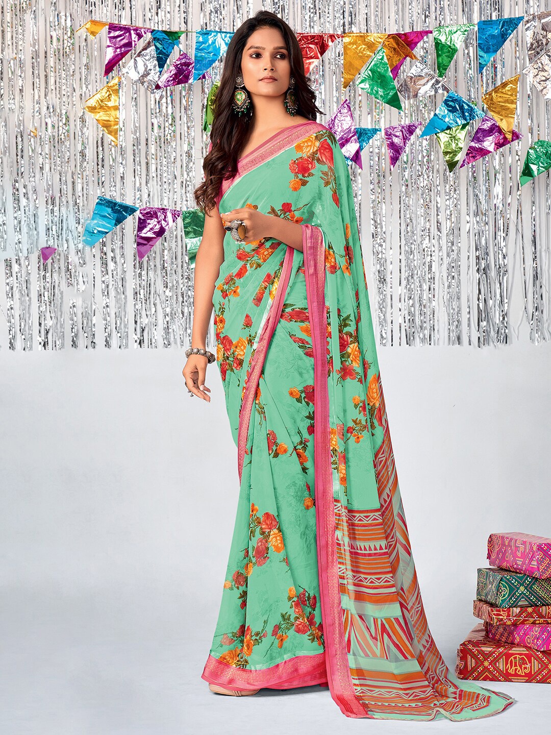 

Saree mall Sea Green & Pink Floral Pure Georgette Banarasi Saree