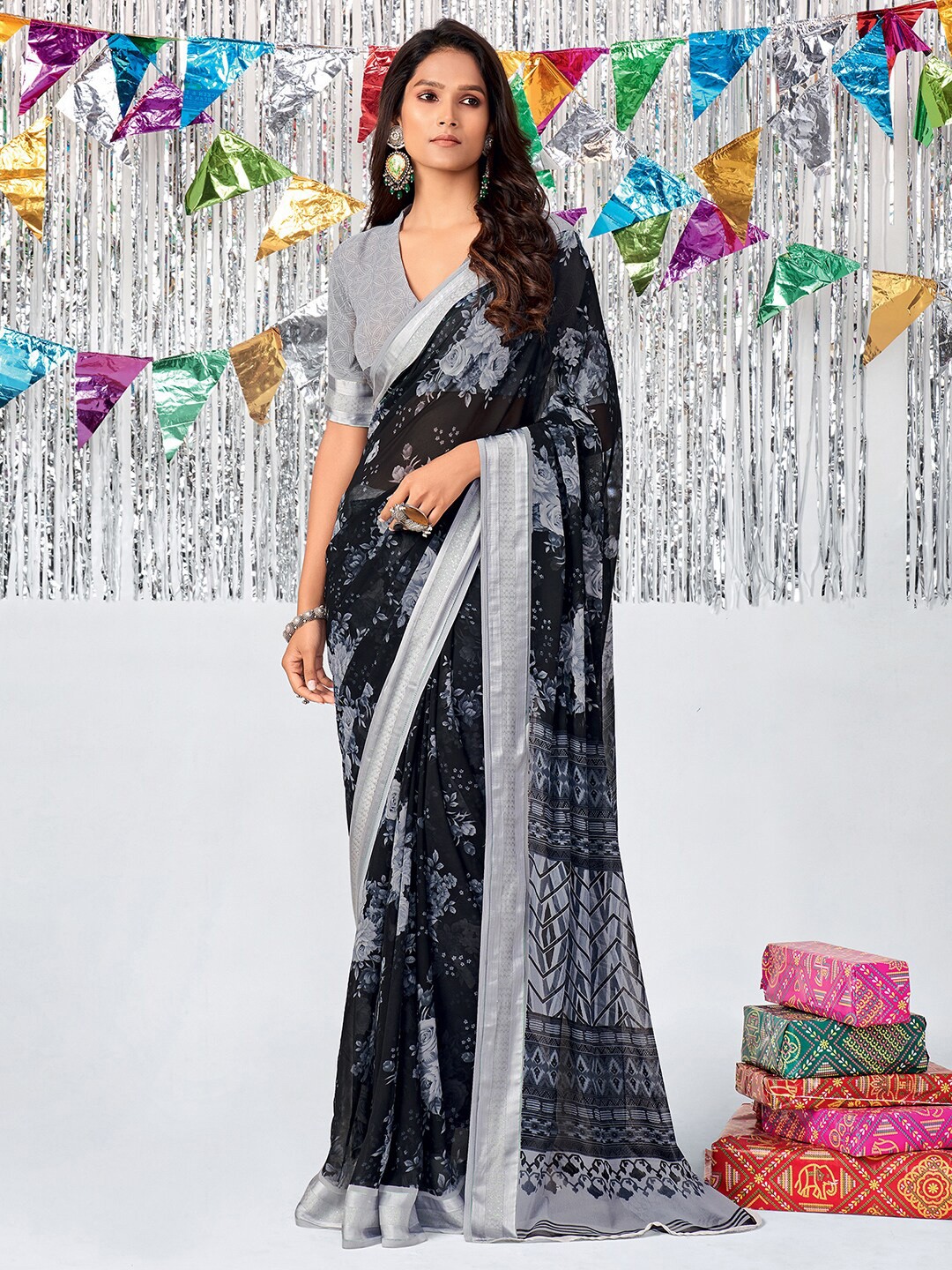 

Saree mall Black & Silver-Toned Floral Zari Pure Georgette Banarasi Saree