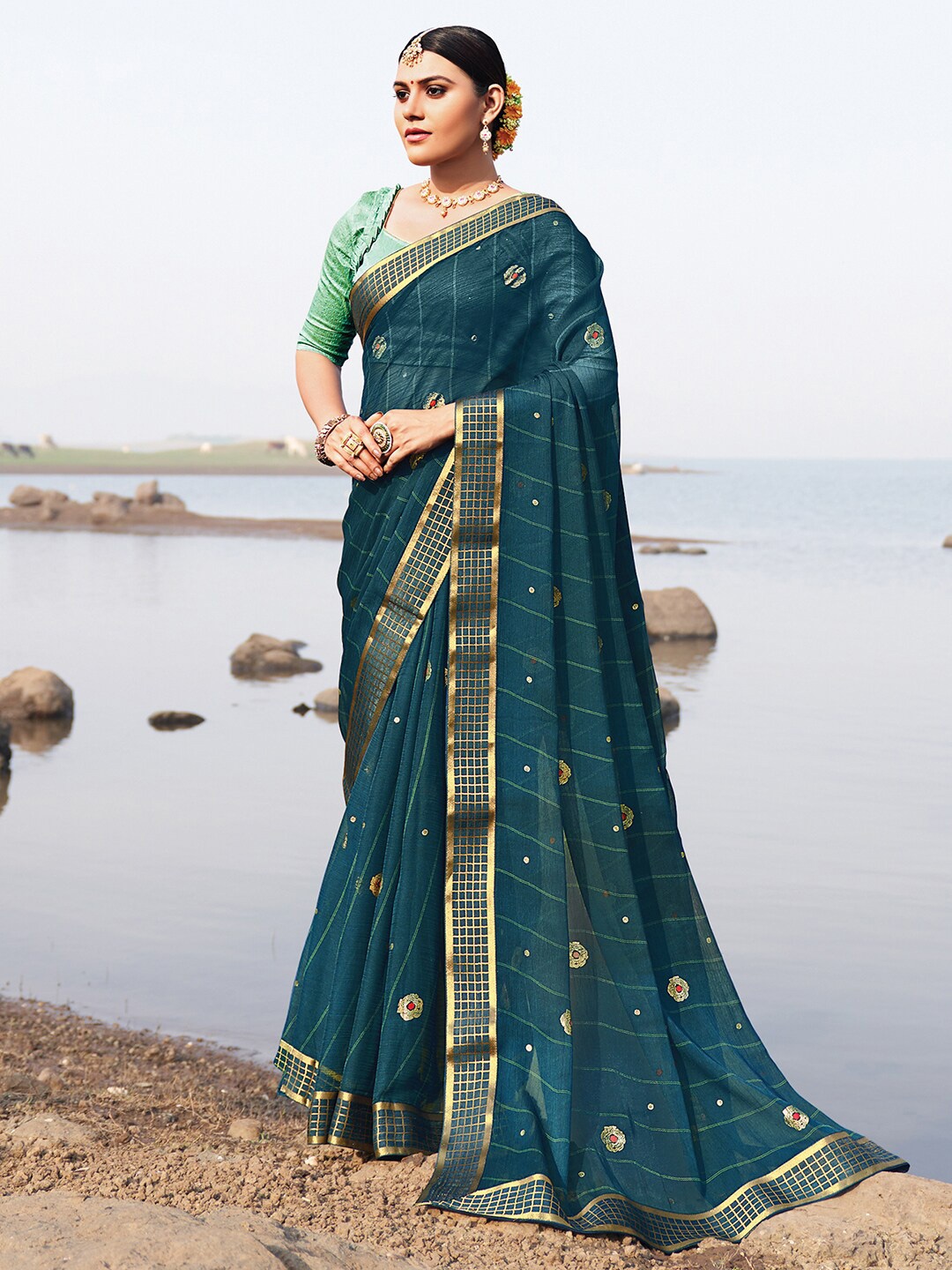 

Saree mall Teal Blue & Gold-Toned Floral Zari Mangalagiri Sarees