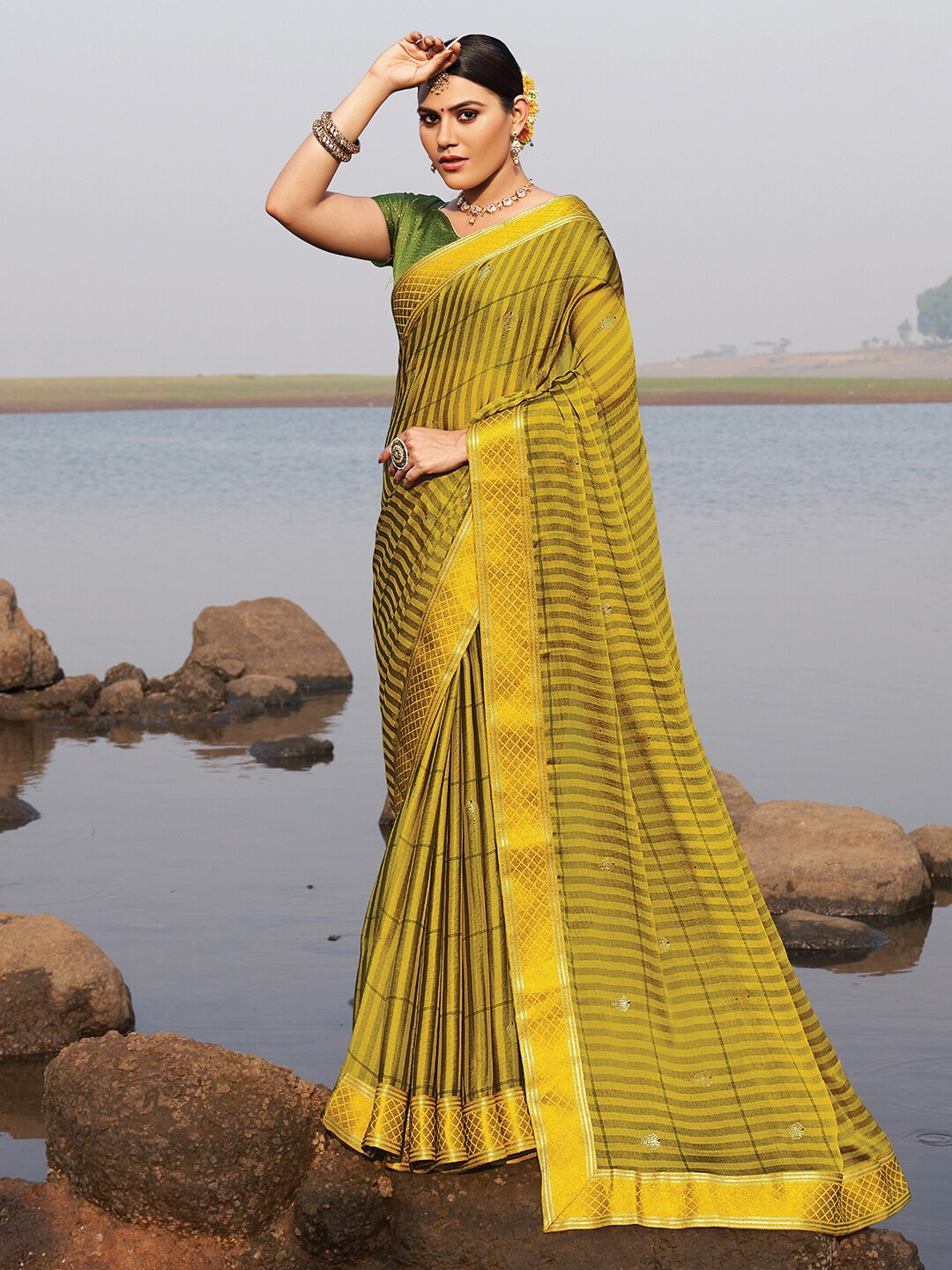 

Saree mall Mustard & Gold-Toned Leheriya Embroidered Mangalagiri Sarees