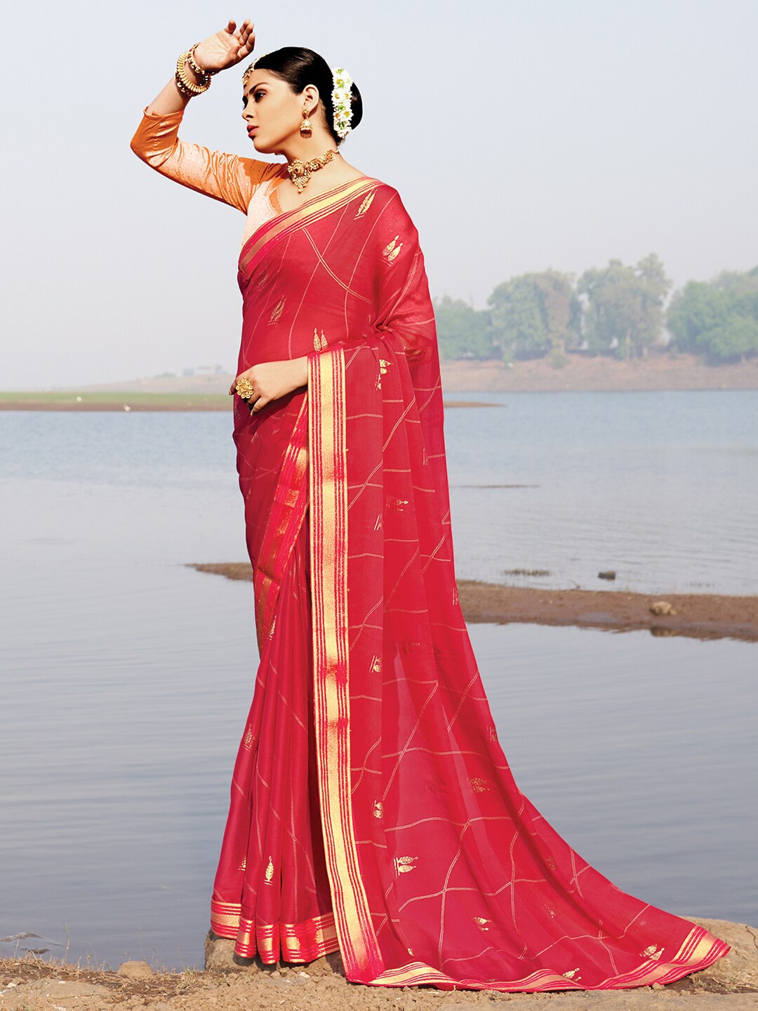 

Saree mall Pink & Gold-Toned Ethnic Motifs Mangalagiri Sarees