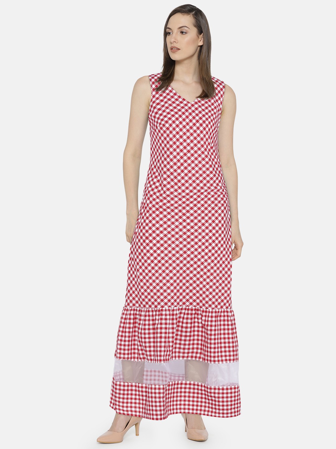 

Vero Moda Women Red & White Checked Maxi Dress