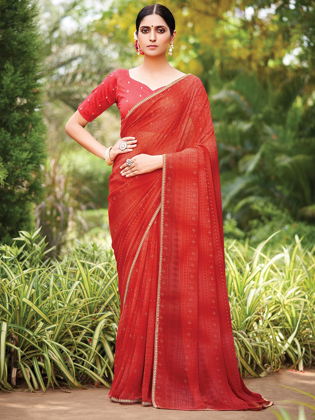 

Saree mall Red & Gold-Toned Printed Ethnic Motifs Pure Georgette Saree