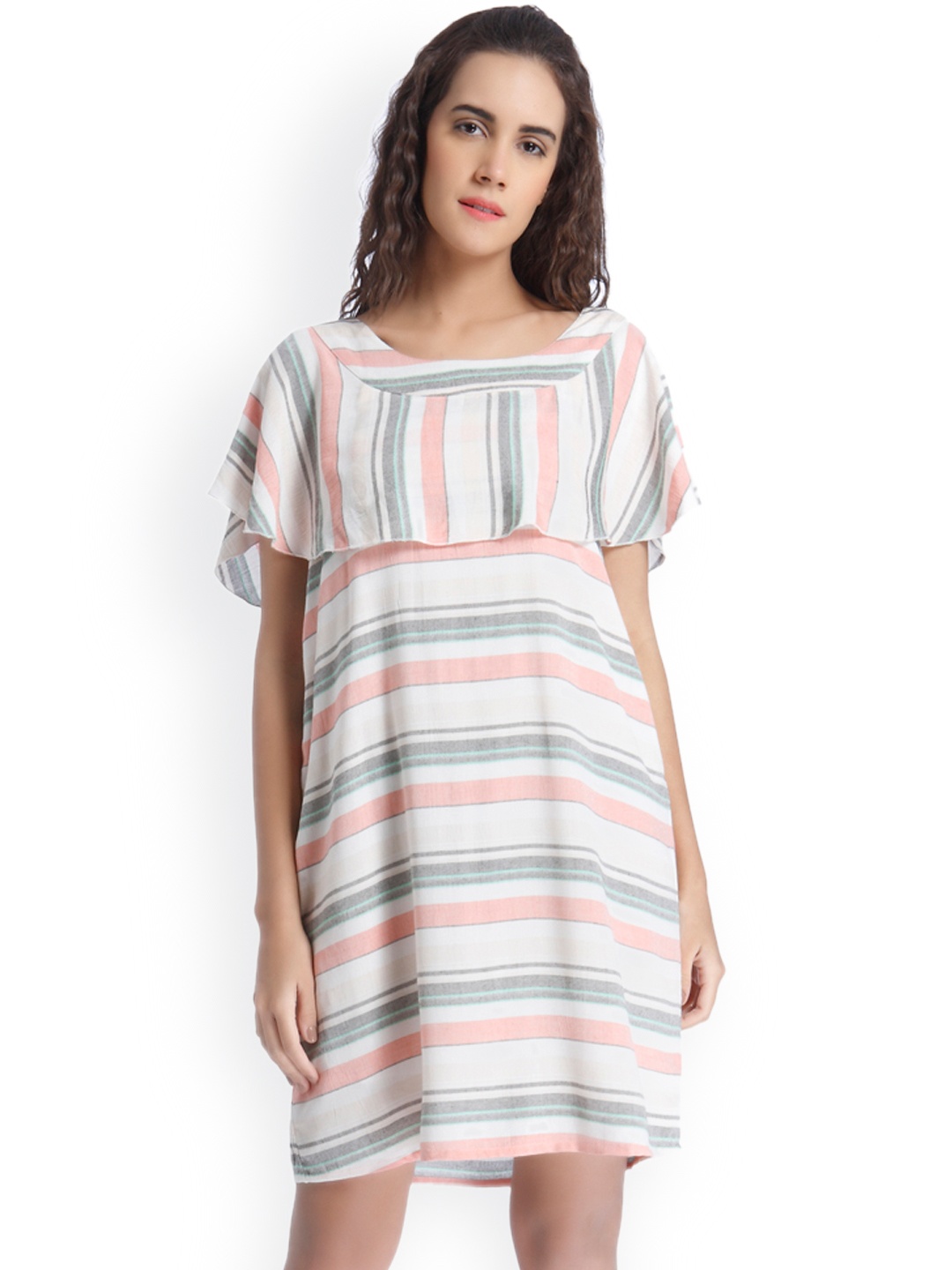 

Vero Moda Women Off-White & Peach Striped A-Line Dress