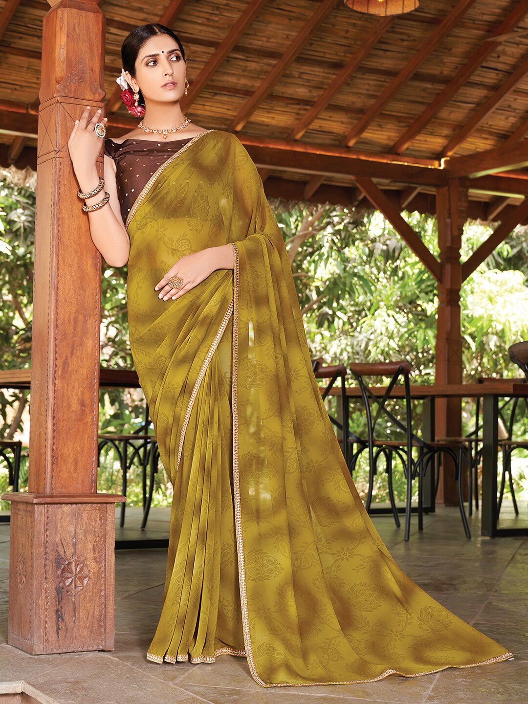 

Saree mall Olive Green & Gold-Toned Printed Ethnic Motifs Pure Georgette Saree
