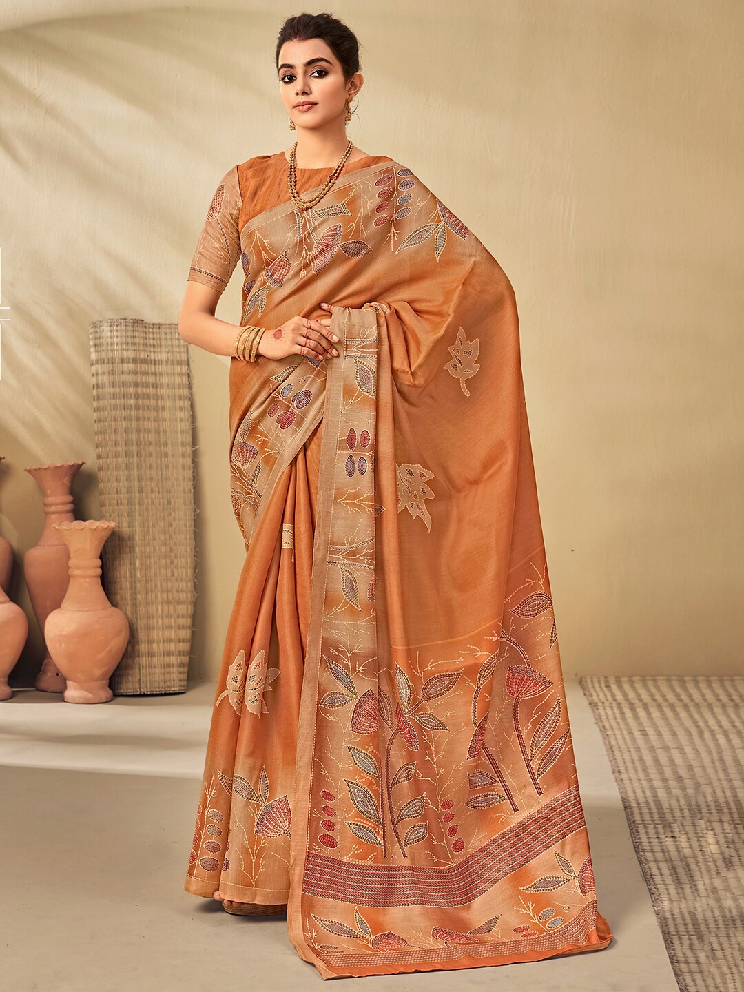 

Saree mall Mustard & Grey Floral Muga Sarees